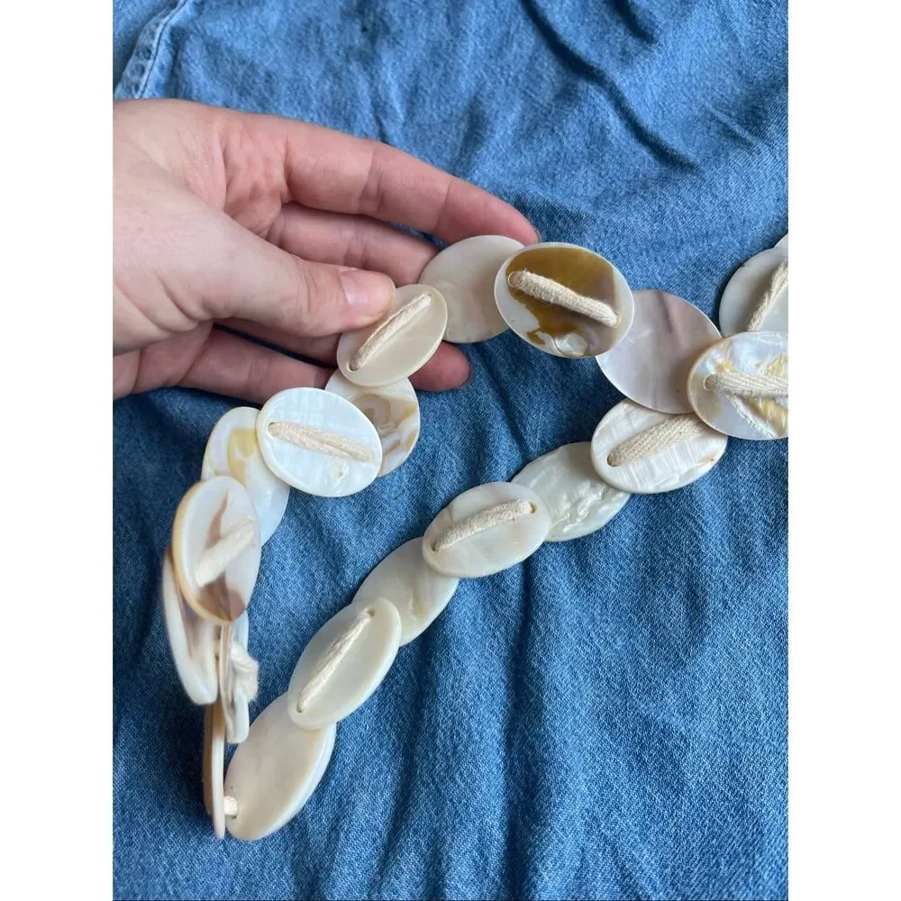 VTG Mother of Pearl Shell Tie Belt Boho Coastal Mermaid Resort Waist Sash 68